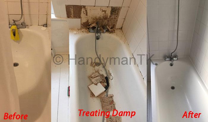 Before and After pictures of Handyman TK  treating damp and re-tiling.