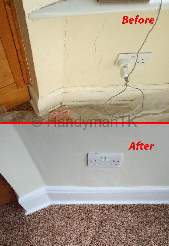 Before and After pictures of Handyman TK fixing cracks in a living room